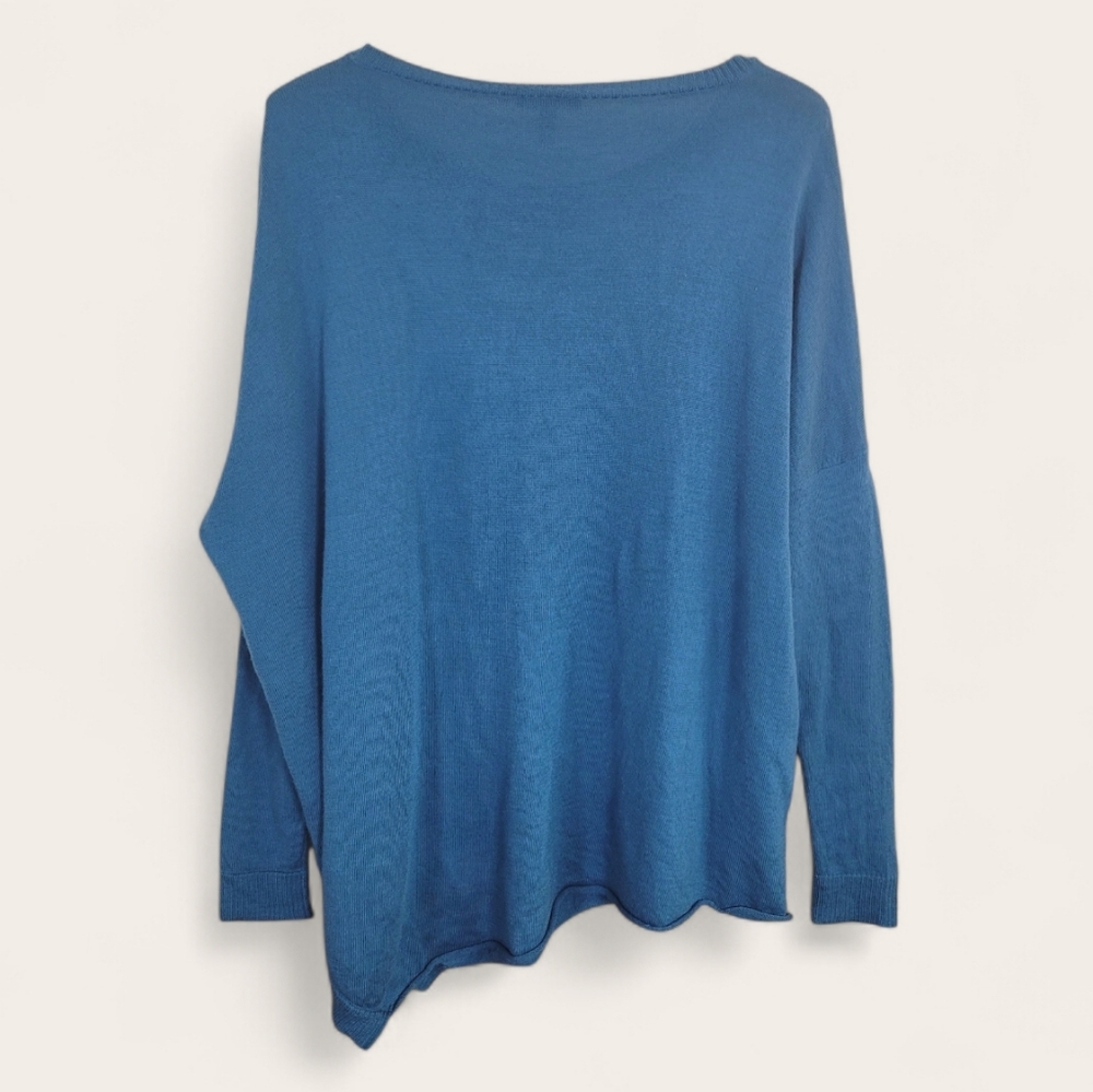 EILEEN FISHER Teal Nile Blue Lightweight Merino Wool Asymmetric Hem Sweater S - Picture 2 of 5